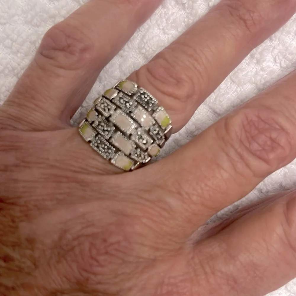 Sterling Silver Multi Stone Ring Pale Pink & Green with tiny Marcasite Size 7